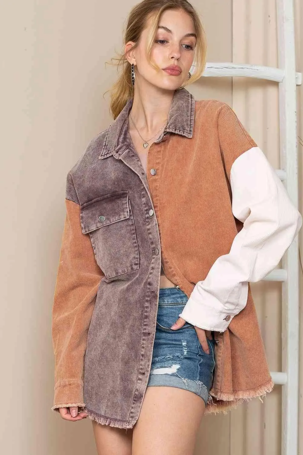 Urban Wear Color Block Oversized Shirt Jacket