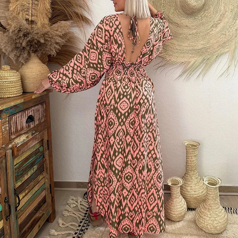 V-neck Backless Bandage Bohemian Casual Waist Pleated Vintage Pattern Printed Hollow Long Sleeved Summer Sexy Dress