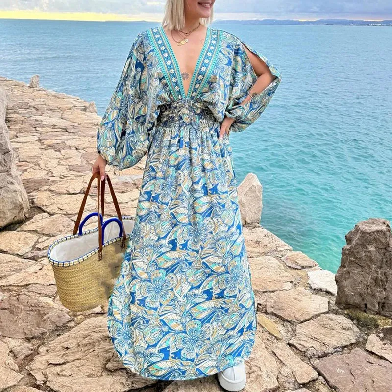 V-neck Backless Bandage Bohemian Casual Waist Pleated Vintage Pattern Printed Hollow Long Sleeved Summer Sexy Dress