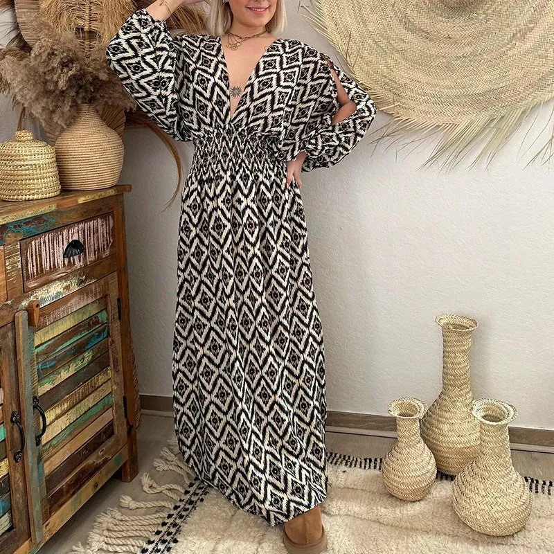 V-neck Backless Bandage Bohemian Casual Waist Pleated Vintage Pattern Printed Hollow Long Sleeved Summer Sexy Dress