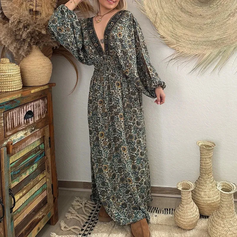V-neck Backless Bandage Bohemian Casual Waist Pleated Vintage Pattern Printed Hollow Long Sleeved Summer Sexy Dress