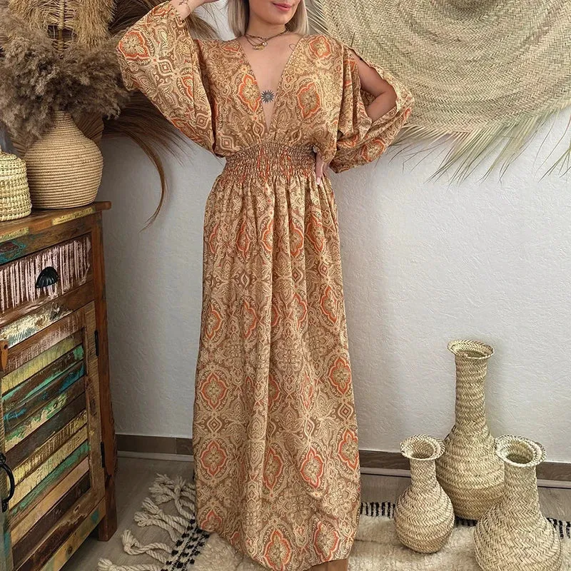 V-neck Backless Bandage Bohemian Casual Waist Pleated Vintage Pattern Printed Hollow Long Sleeved Summer Sexy Dress