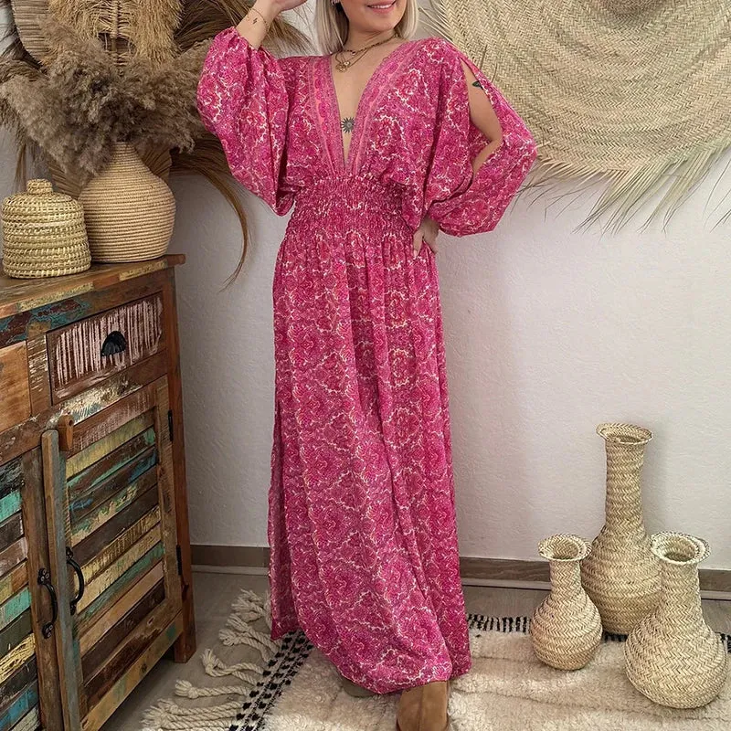 V-neck Backless Bandage Bohemian Casual Waist Pleated Vintage Pattern Printed Hollow Long Sleeved Summer Sexy Dress
