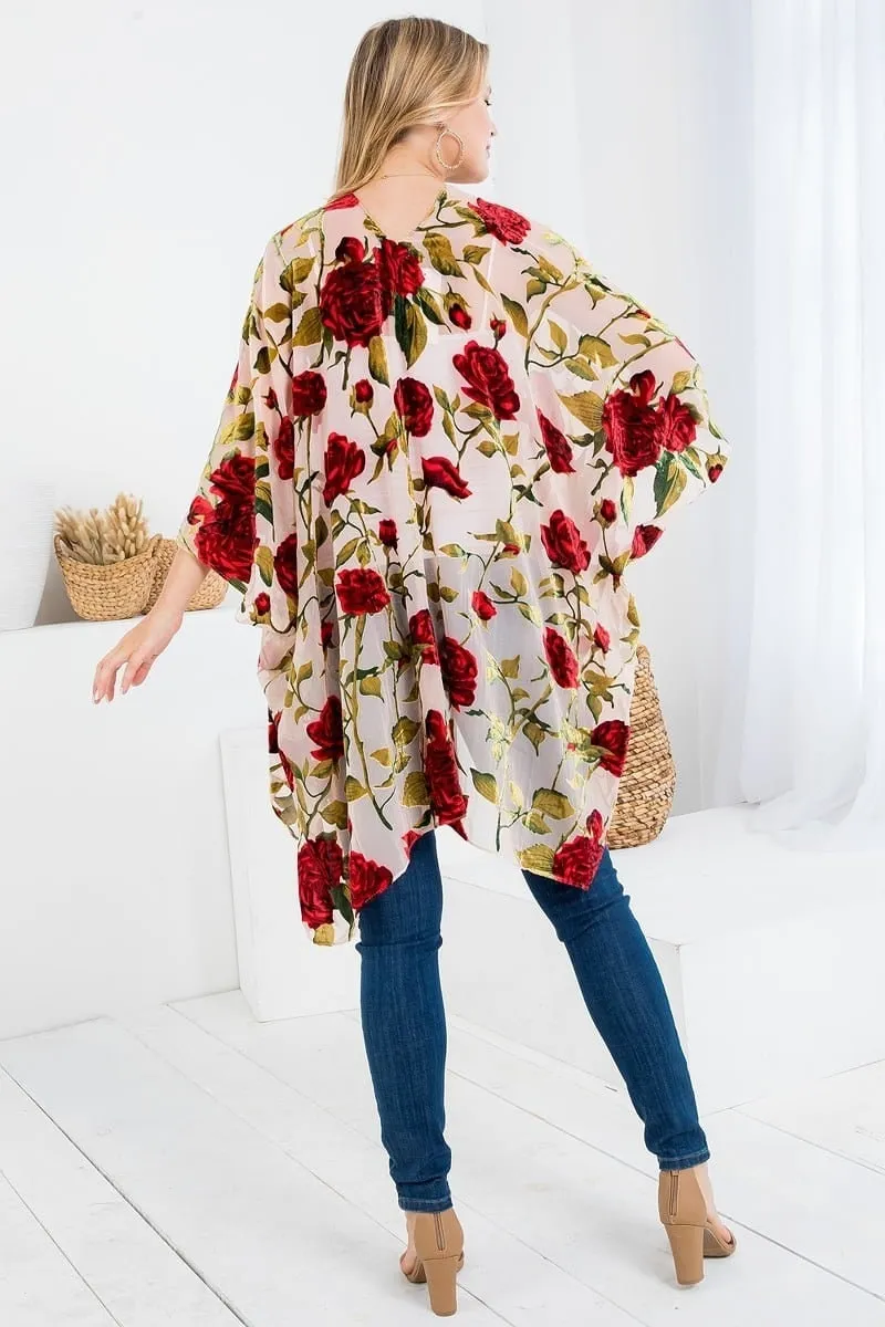 Velvet Burnout Kimono Cardigan with Bohemian Red Rose Flower Pattern and Tassel Duster for Spring summer