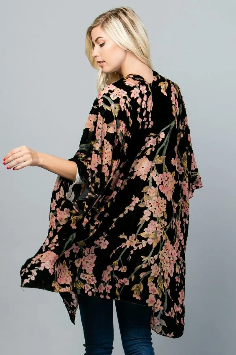 Velvet Burnout Kimono Cardigan with Bohemian Red Rose Flower Pattern and Tassel Duster for Spring summer