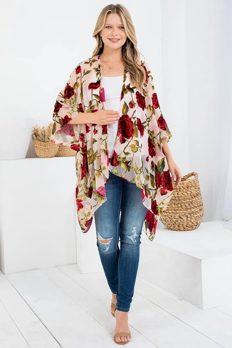 Velvet Burnout Kimono Cardigan with Bohemian Red Rose Flower Pattern and Tassel Duster for Spring summer