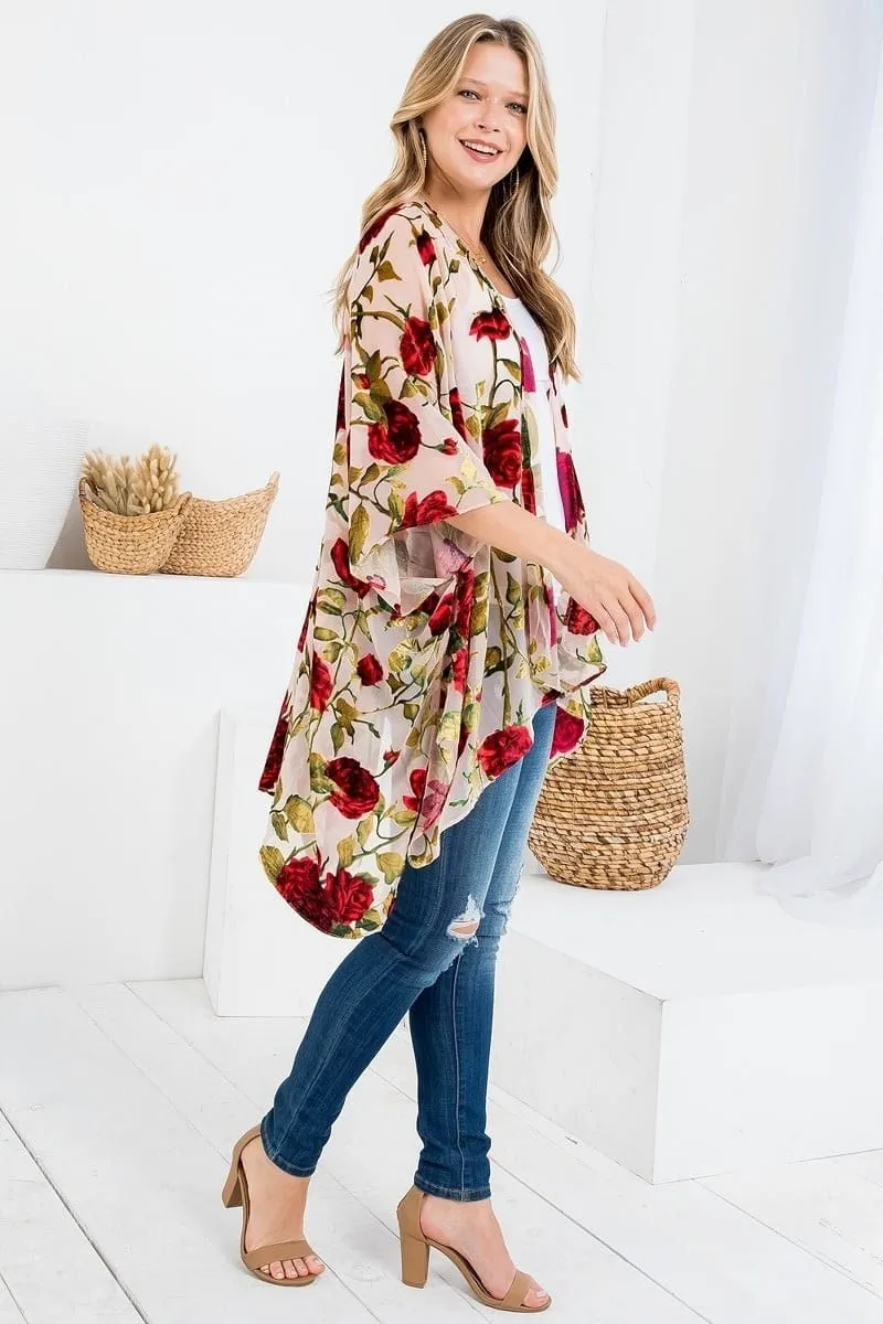 Velvet Burnout Kimono Cardigan with Bohemian Red Rose Flower Pattern and Tassel Duster for Spring summer