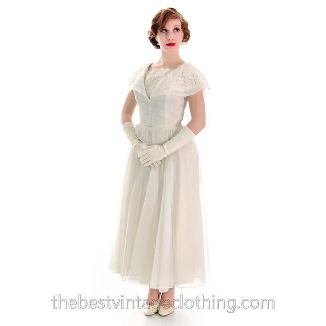 Vintage 1950s Ivory Nylon Wedding Gown Embellished w Jacket 32-24-Free