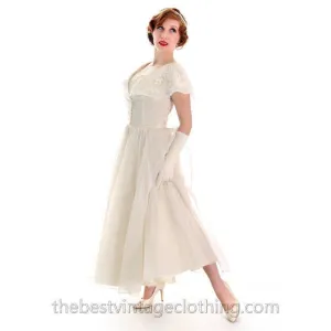 Vintage 1950s Ivory Nylon Wedding Gown Embellished w Jacket 32-24-Free