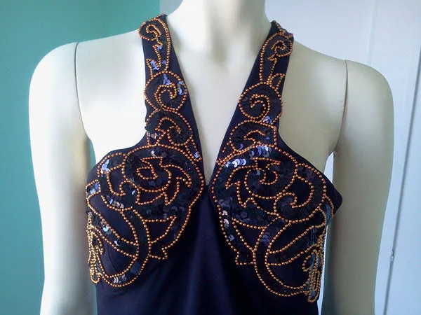 Vintage 1980's Lillie Rubin Couture Black Sequins & Copper Bead Dress