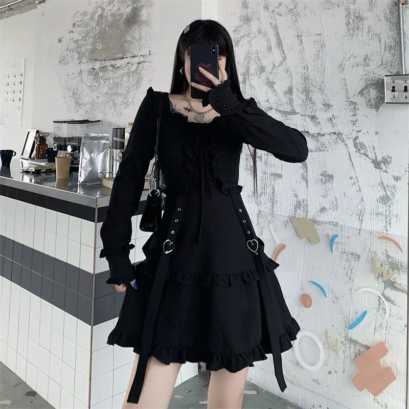 Vintage Black Gothic Ruffle Long Sleeve Dress UB6237
