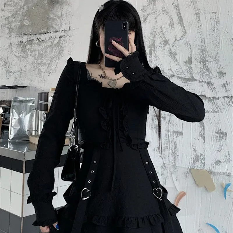 Vintage Black Gothic Ruffle Long Sleeve Dress UB6237