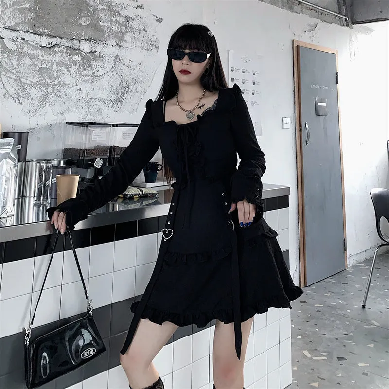 Vintage Black Gothic Ruffle Long Sleeve Dress UB6237