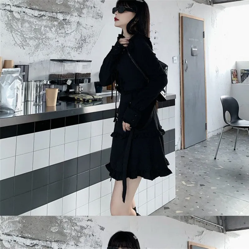 Vintage Black Gothic Ruffle Long Sleeve Dress UB6237