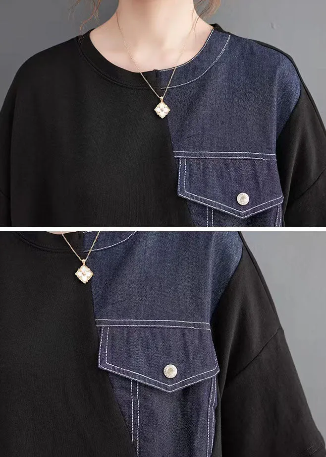 Vintage black patchwork denim blue Sweater dresses Quotes pockets baggy sweater dresses