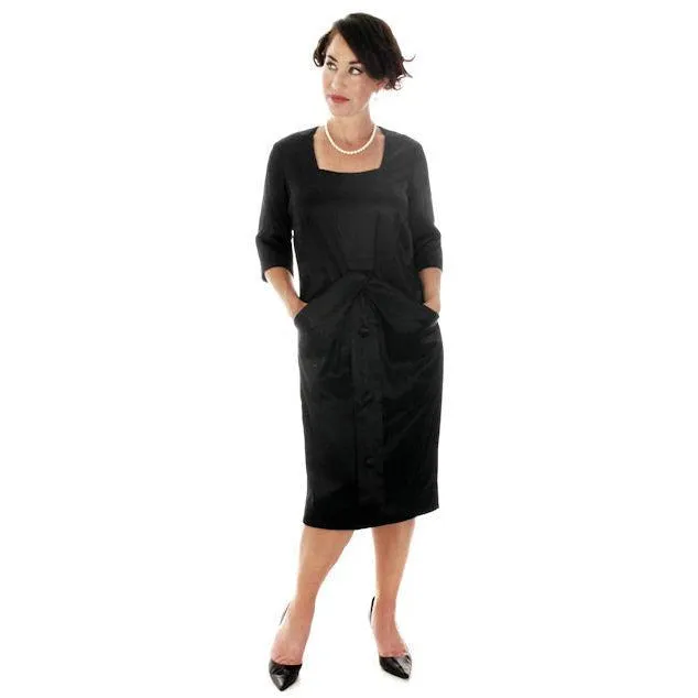 Vintage Black Silk Satin Cocktail Dress Sack Style Nina Ricci Couture Paris 1958 M