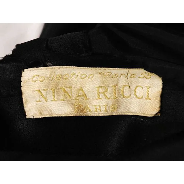 Vintage Black Silk Satin Cocktail Dress Sack Style Nina Ricci Couture Paris 1958 M