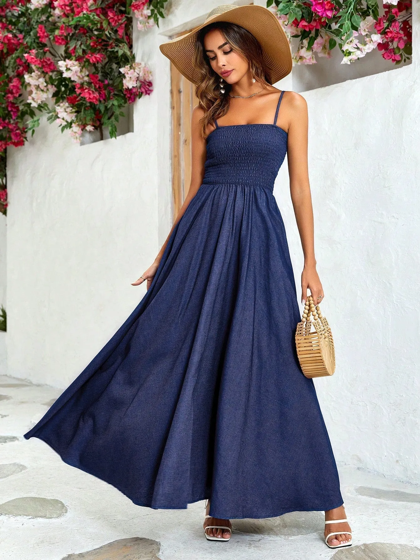 Vintage Cami Flare Hem Shirred Detail Denim Dress