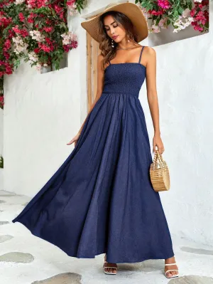 Vintage Cami Flare Hem Shirred Detail Denim Dress