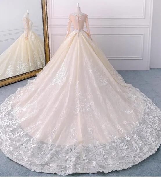 Vintage Chamagne  Real Lace Wedding Dresses Jewel Neck Long Sleeve Zipper Bridal Gown Arabic Bridal Wedding Gowns