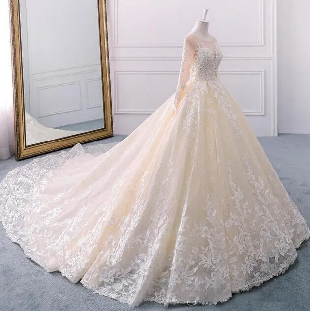 Vintage Chamagne  Real Lace Wedding Dresses Jewel Neck Long Sleeve Zipper Bridal Gown Arabic Bridal Wedding Gowns