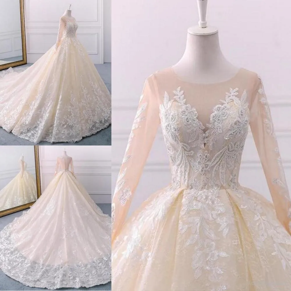 Vintage Chamagne  Real Lace Wedding Dresses Jewel Neck Long Sleeve Zipper Bridal Gown Arabic Bridal Wedding Gowns