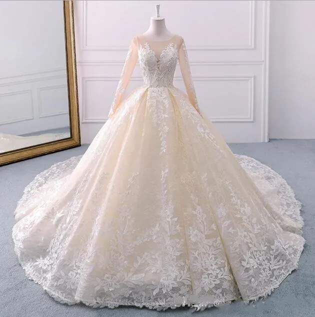 Vintage Chamagne  Real Lace Wedding Dresses Jewel Neck Long Sleeve Zipper Bridal Gown Arabic Bridal Wedding Gowns