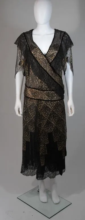 VINTAGE Circa 1920s Black & Gold Lace Velvet Draped Dress
