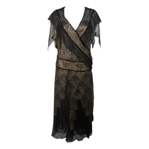 VINTAGE Circa 1920s Black & Gold Lace Velvet Draped Dress