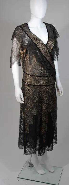 VINTAGE Circa 1920s Black & Gold Lace Velvet Draped Dress