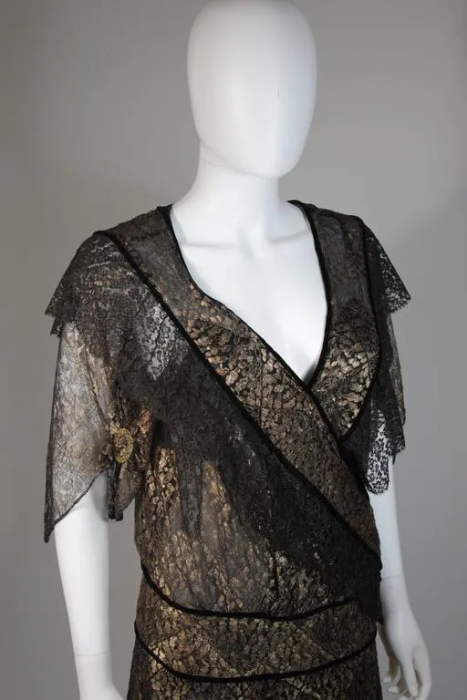 VINTAGE Circa 1920s Black & Gold Lace Velvet Draped Dress