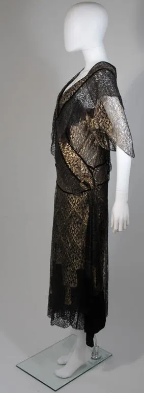 VINTAGE Circa 1920s Black & Gold Lace Velvet Draped Dress
