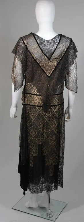 VINTAGE Circa 1920s Black & Gold Lace Velvet Draped Dress