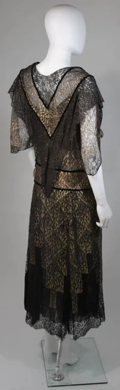 VINTAGE Circa 1920s Black & Gold Lace Velvet Draped Dress