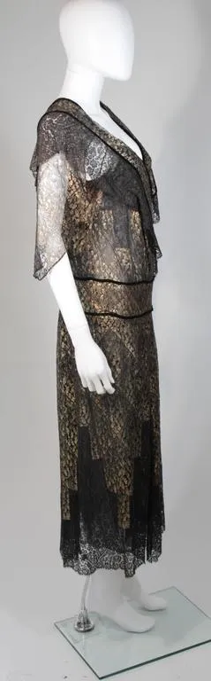 VINTAGE Circa 1920s Black & Gold Lace Velvet Draped Dress