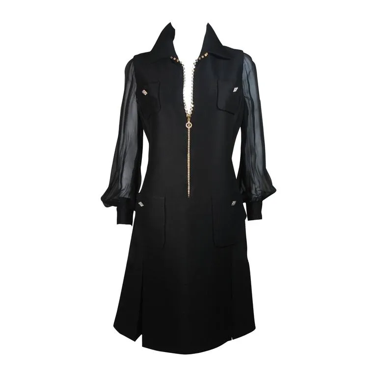 VINTAGE Circa 1970s Black Silk Dress, Rhinestones Size 8-10