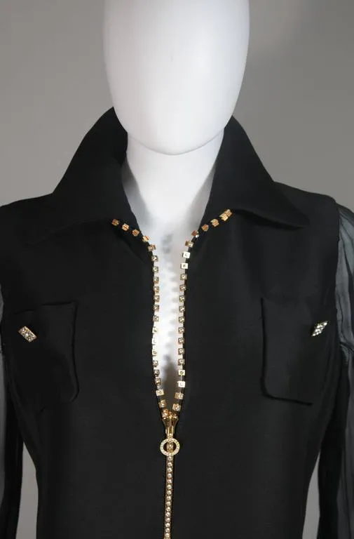 VINTAGE Circa 1970s Black Silk Dress, Rhinestones Size 8-10