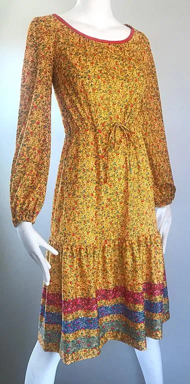 VINTAGE Circa 1970s Yellow Flower Print Striped Prairie Dress