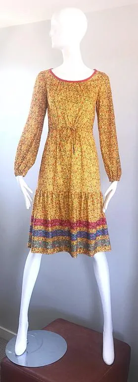 VINTAGE Circa 1970s Yellow Flower Print Striped Prairie Dress