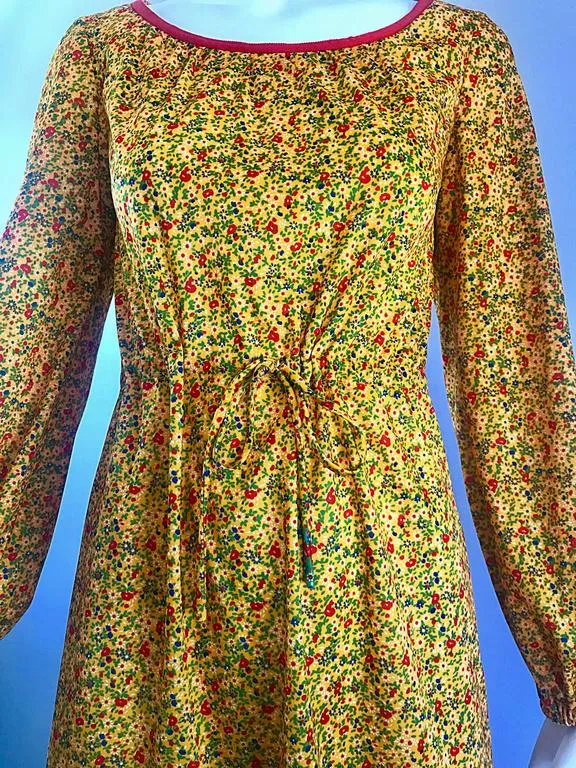 VINTAGE Circa 1970s Yellow Flower Print Striped Prairie Dress