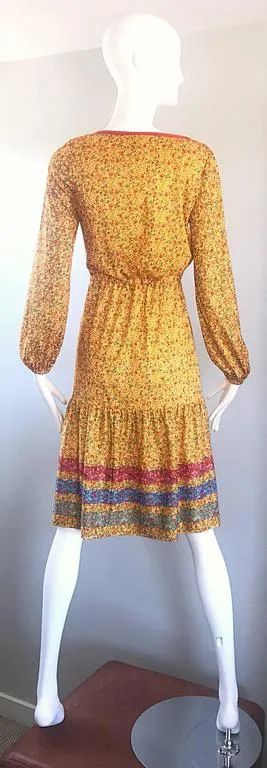 VINTAGE Circa 1970s Yellow Flower Print Striped Prairie Dress