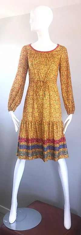 VINTAGE Circa 1970s Yellow Flower Print Striped Prairie Dress