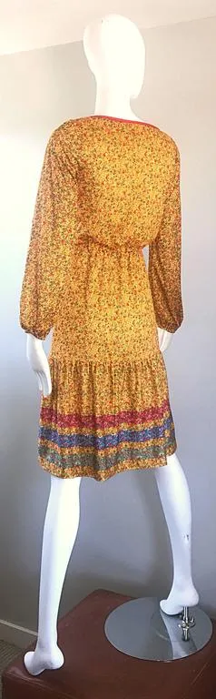 VINTAGE Circa 1970s Yellow Flower Print Striped Prairie Dress