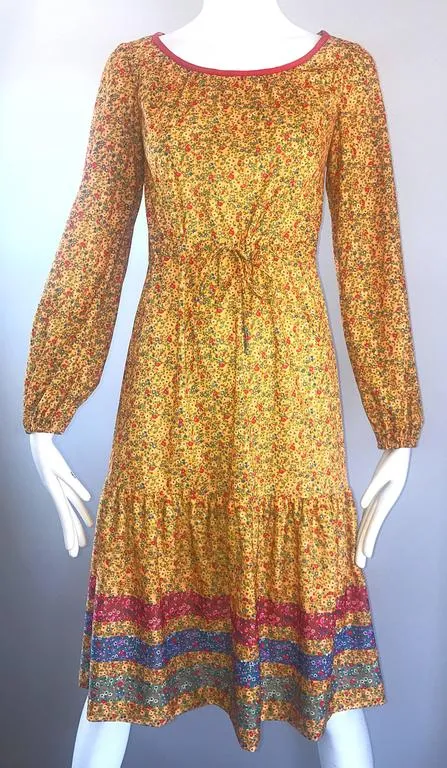 VINTAGE Circa 1970s Yellow Flower Print Striped Prairie Dress