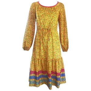 VINTAGE Circa 1970s Yellow Flower Print Striped Prairie Dress