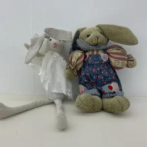 Vintage Country Home Handmade Bunny Rabbit Floral Dresses Plush Dolls Decor