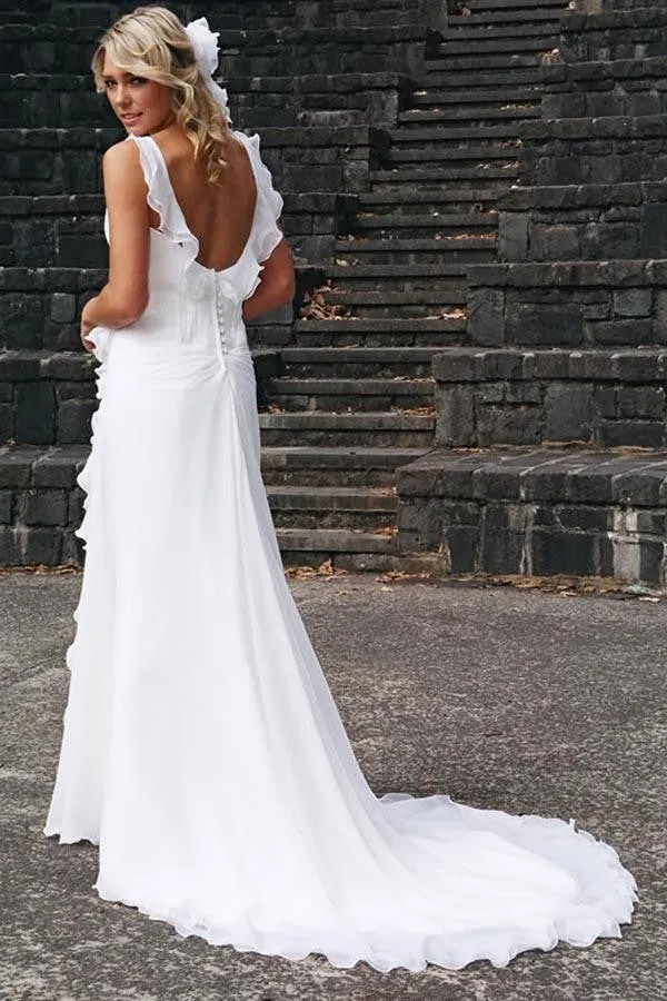 Vintage Elegant V-Neck Chiffon Sheath Wedding Dress Rustic Country Beach Backless Sleeveless Bridal Gown with Train