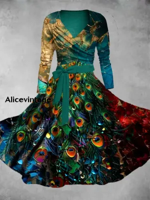Vintage Feathers  Print V-Neck Elegant Chic Midi Two-Piece Long Sleeve Dress