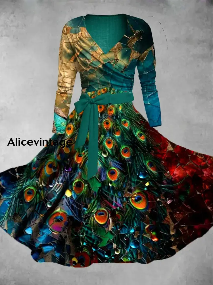 Vintage Feathers  Print V-Neck Elegant Chic Midi Two-Piece Long Sleeve Dress