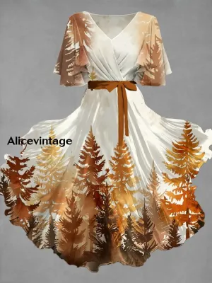 Vintage Floral Art Print Chic V-Neck Short Sleeve Midi Dress